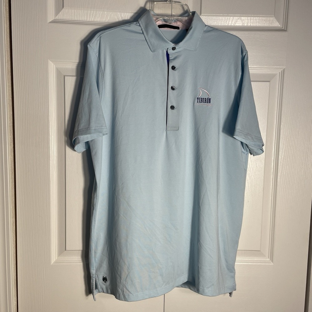 Greyson Tiburon Naples Polo Shirt Men L Golf Performance Blue Pink Striped Logo